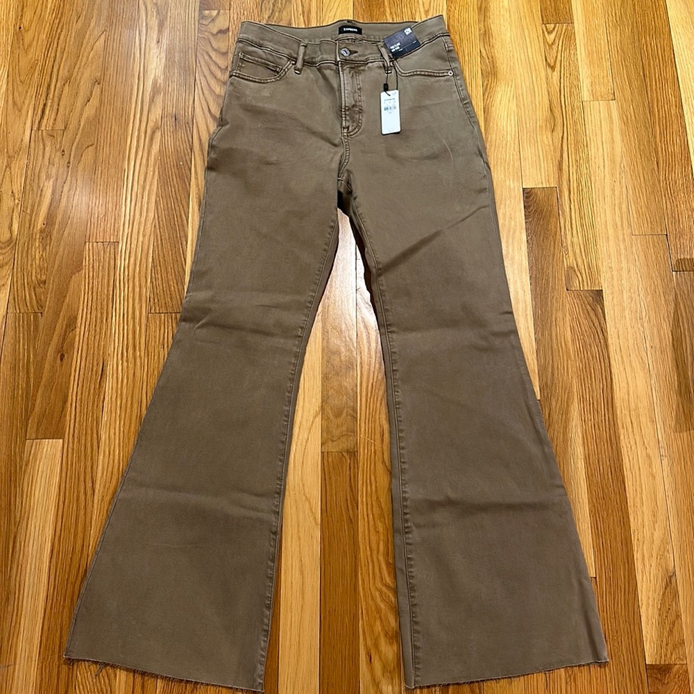 Tan mid-rise flare jeans